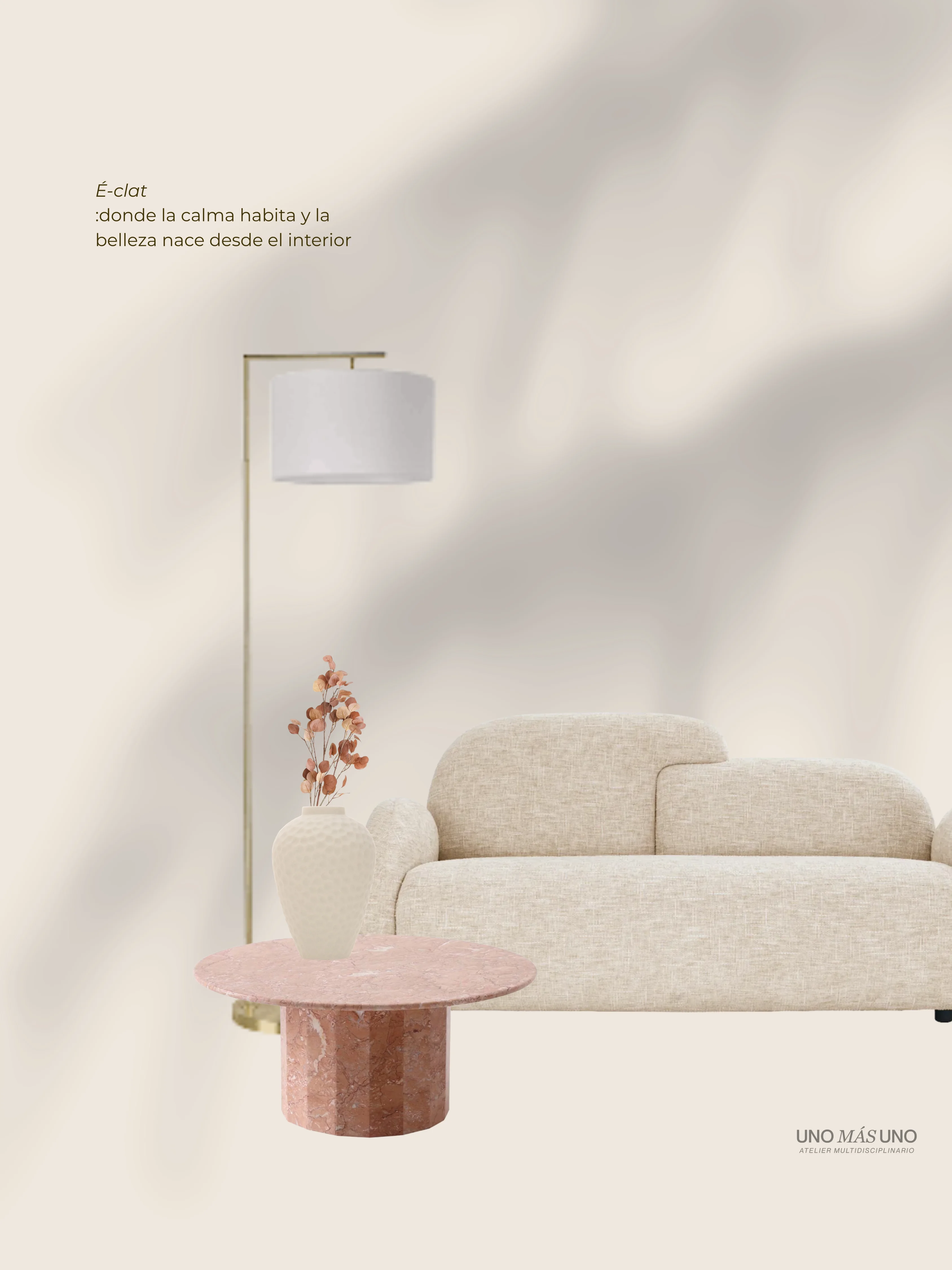 Interior cálido de Éclat Experience — travertino, luz natural y materiales nobles