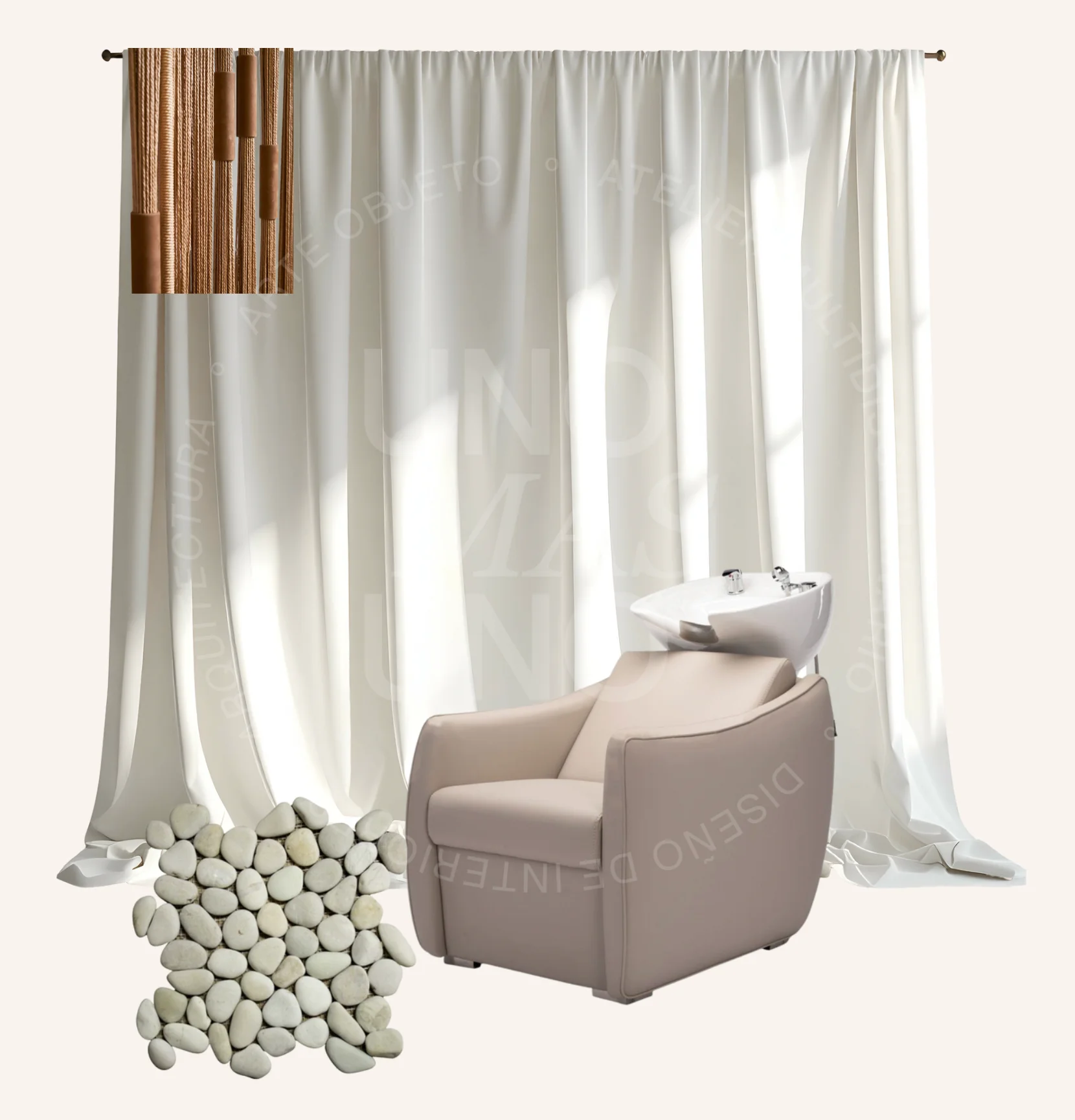 Área de lavado — sillón reclinable, cortinas de lino y piedras decorativas