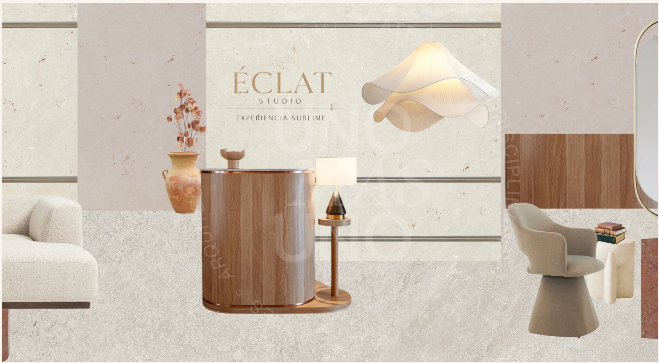Recepción de Éclat Studio — mostrador en madera cálida, piedra travertino y sillones boucle